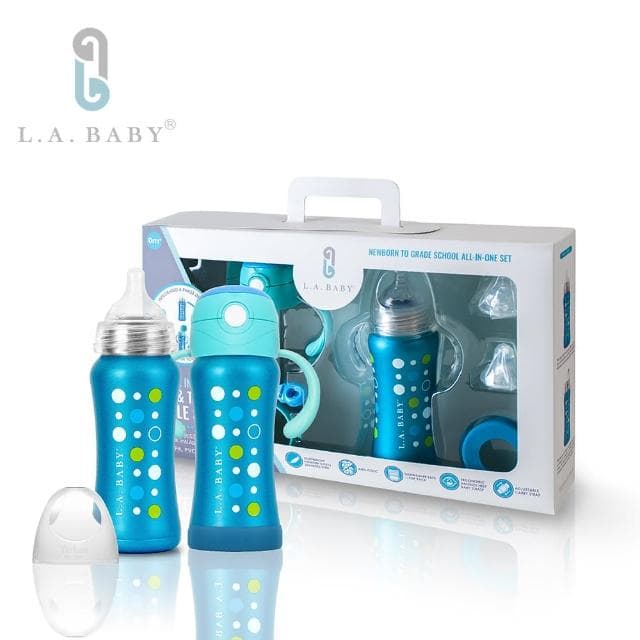 【L.A. Baby】四階段316超輕不鏽鋼保溫奶瓶成長禮盒組270ml 15件組(藍 白 紅 金 粉 紫 淺綠)