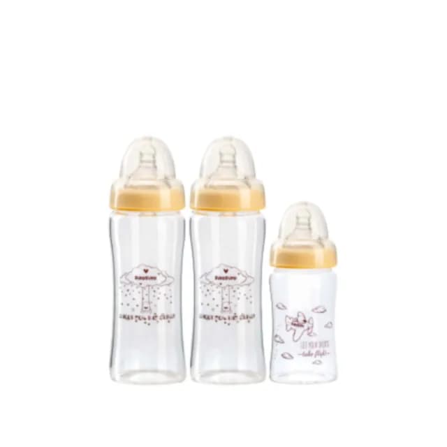【Piyo Piyo 黃色小鴨】媽咪乳感玻璃寬口奶瓶組(180mlx1+280mlx2 晶鑽 輕薄一體成形 人體工學)