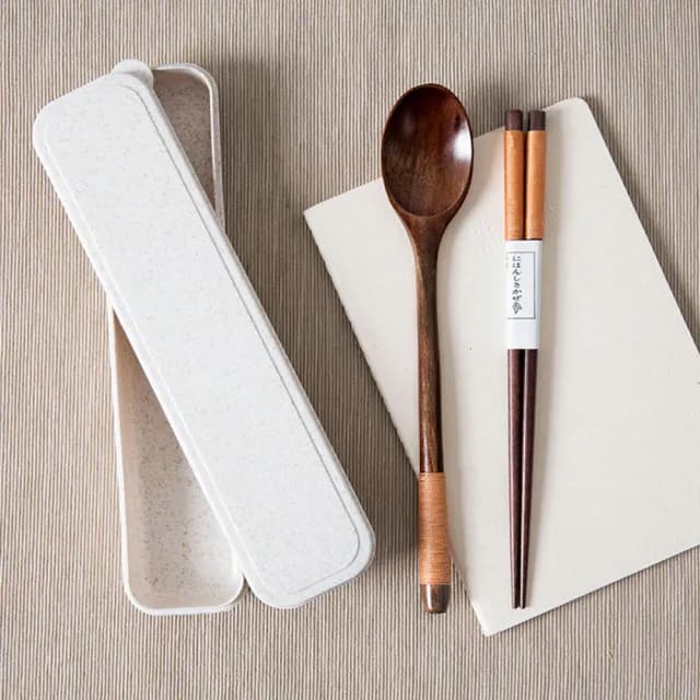 【樂邁家居】手工繞線 木質 餐具組(筷子x1 湯匙x1 小麥收納盒x1)