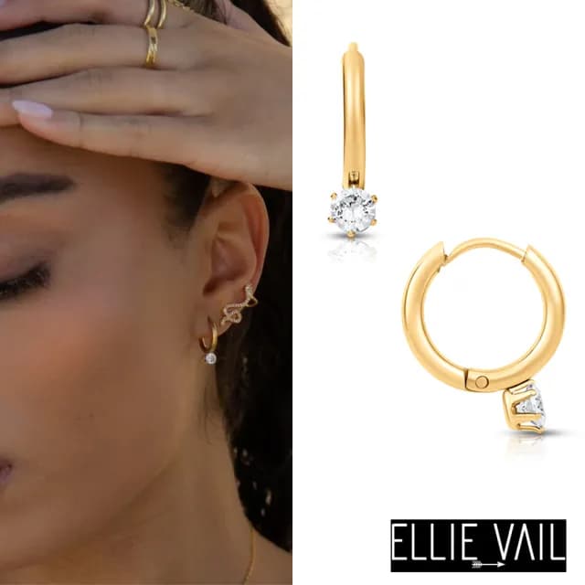 【ELLIE VAIL】邁阿密防水珠寶 金色單鑽X經典小圓耳環 Malika Mini Hoop(防水珠寶)