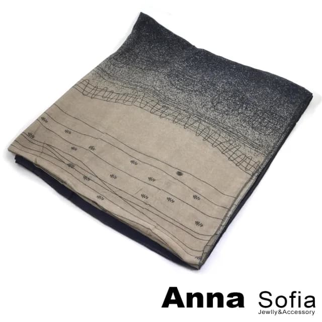 【AnnaSofia】圍巾披肩-灑點舞線 拷克邊棉麻感 現貨(駝藏藍系)