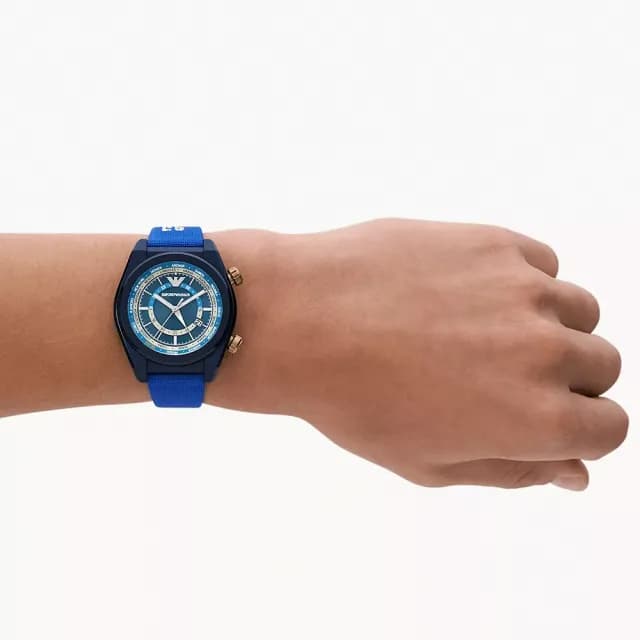 【EMPORIO ARMANI】亞曼尼 雙時區蔚藍帆布手錶-43mm 禮物 送禮 推薦(AR11564)