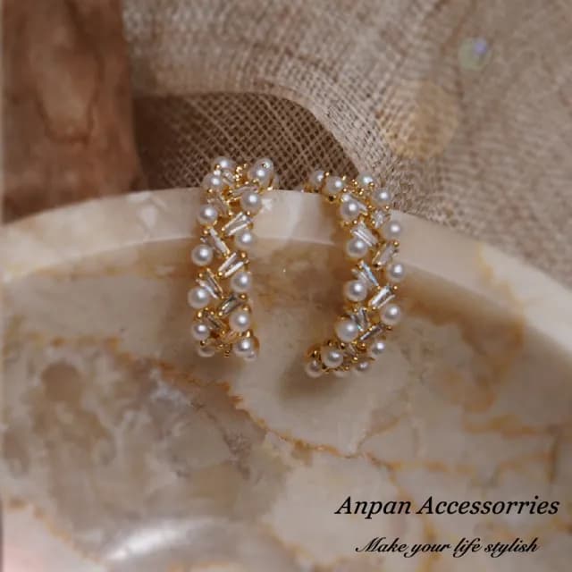 【Anpan】925銀針東大門C型簡約水晶珍珠耳環
