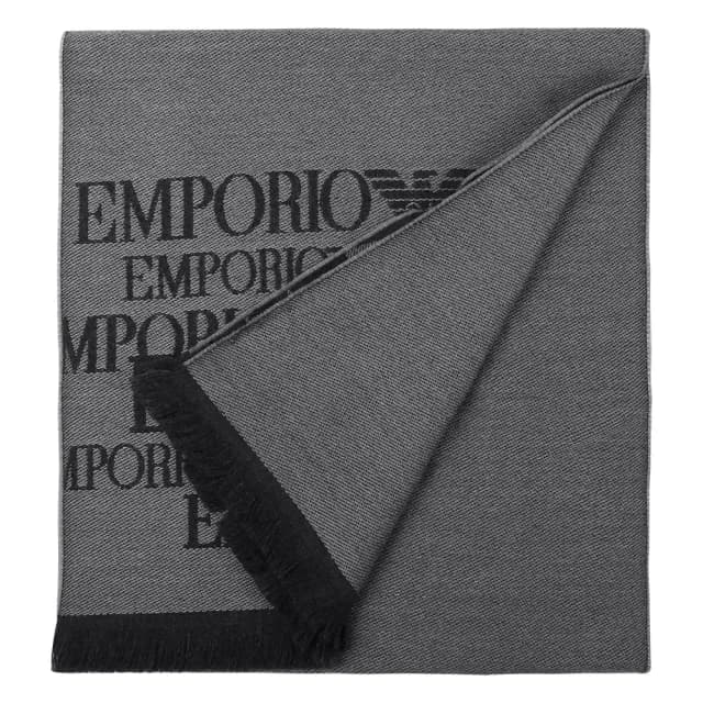 【EMPORIO ARMANI】經典字母LOGO雙色羊毛流蘇圍巾(淺灰色)