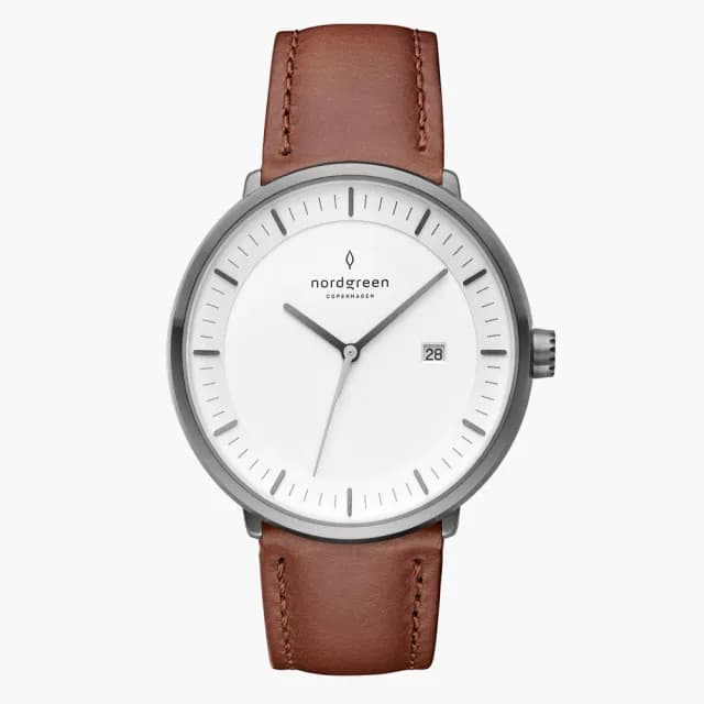 【Nordgreen】Philosopher哲學家 深空灰系列復古棕真皮腕錶40mm  禮物  手錶(PH40GMLEBRXX)