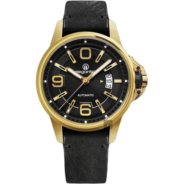 【elegantsis 愛樂時】JT55A 復古潮流機械錶-黑x金框/44mm 禮物 送禮 推薦(ELJT55A-NB03LC)