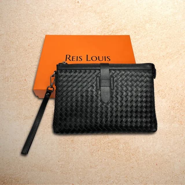 【REIS LOUIS 李斯路易斯】父親節禮物 真皮 單扣帶編織牛皮男士手拿包(真皮包包 編織 牛皮)