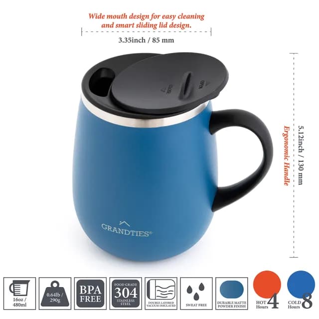 【美國GrandTies】滑蓋式460ML真空不鏽鋼保溫杯/馬克杯黑/白/藍/紅-保冷/保溫(交換禮物首選)