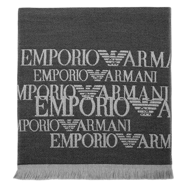 【EMPORIO ARMANI】經典字母LOGO雙色羊毛流蘇圍巾(灰色)