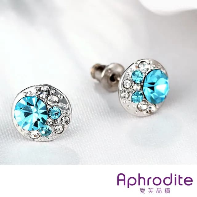 【Aphrodite 愛芙晶鑽】圓形彩色鋯石造型耳環(白金色)