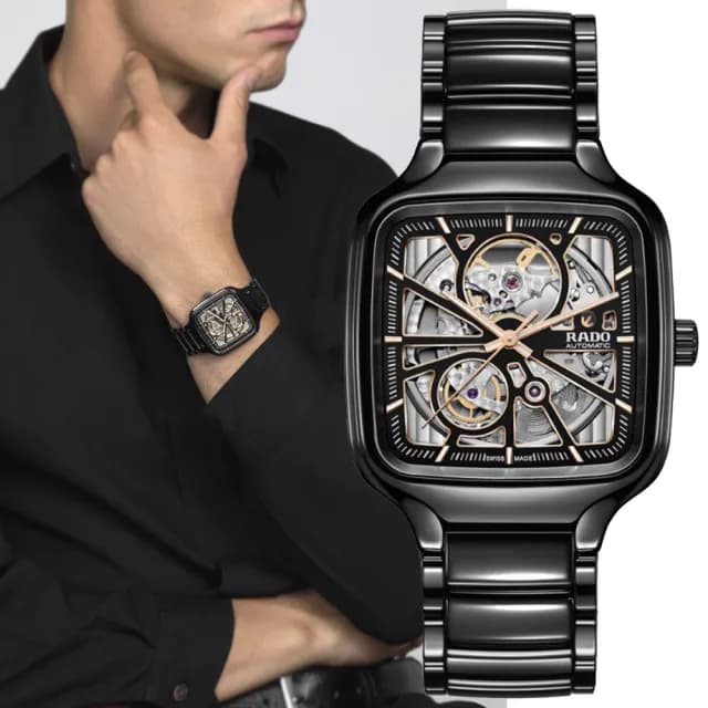 【Rado 雷達表】True真我系列 高科技陶瓷方形鏤空機械錶-黑38mmR05(R27086162)