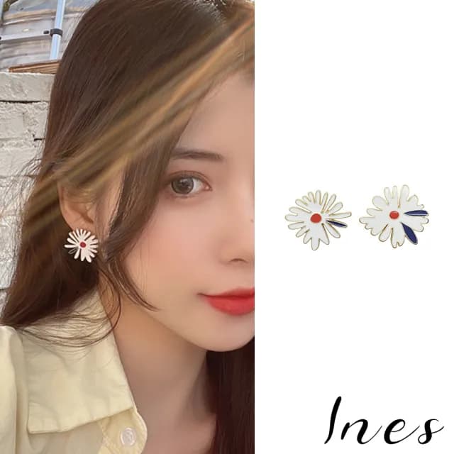【INES】韓國設計925銀針法式小雛菊復古彩釉耳環