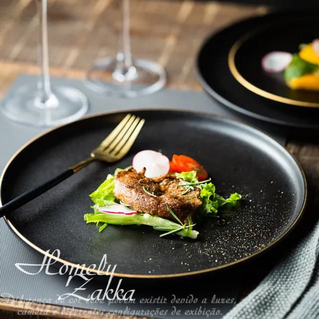 【Homely Zakka】北歐輕奢風金邊黑色磨砂陶瓷餐具/牛排盤/西餐盤_大圓平盤25cm(飯碗 餐具 餐碗 盤子 器皿)