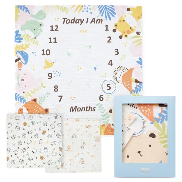 【奇哥官方旗艦】Chic a Bon寶寶成長紀錄紗布巾禮盒(大包巾+方巾2入+生日圈卡 寶寶新生兒禮 滿月禮 彌月禮)