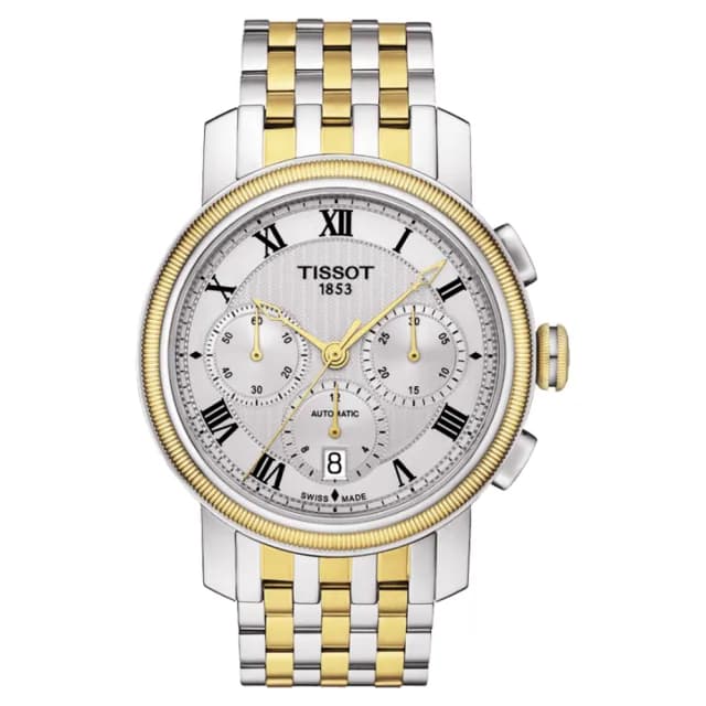 【TISSOT 天梭】Bridgeport 羅馬三眼計時機械錶-銀x雙色版/42mm 禮物 送禮 推薦(T0974272203300)