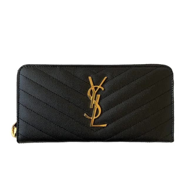 【YSL】SAINT LAURENT Monogram 魚子醬 牛皮 金logo 拉鍊式 皮夾 長夾 黑色 358094