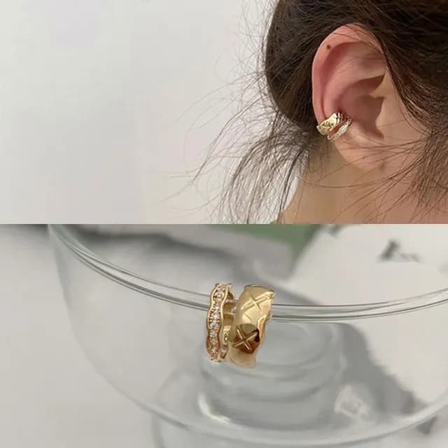 【Oni 歐妮】菱格紋水鑽 不對稱耳骨夾式耳環無耳洞耳扣耳夾耳窩夾(1個入)