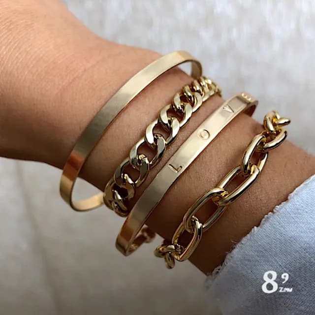 【89 zone】法式古典波西米亞風奢華鏈條 手鐲 手環 手鍊 4 入1 組(金)
