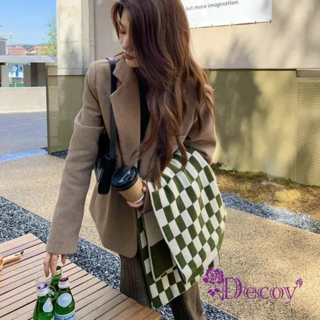 【Decoy】棋盤格紋＊清新拼色針織保暖圍巾(2色可選)