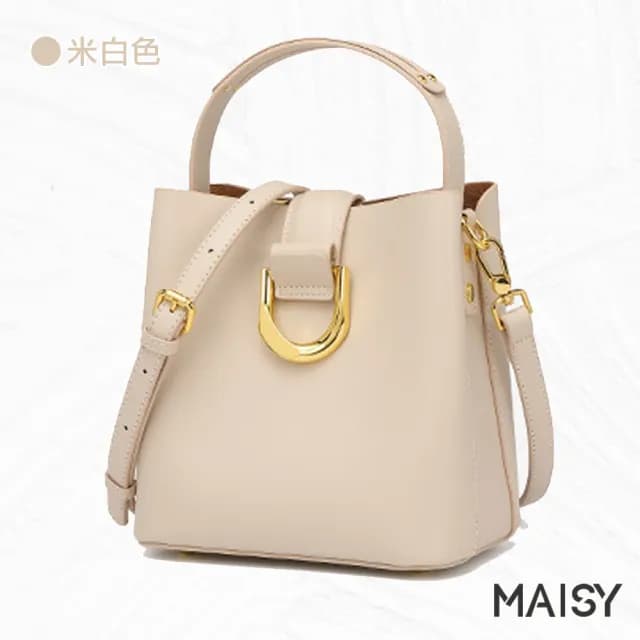 【MAISY】情人節禮物 簡約經典真皮水桶包手提肩背包(真皮包包 現+預  黑色 / 綠色 / 米白 / 焦糖)