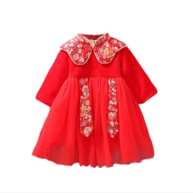 【橘魔法】日式旗袍領拚接毛絨盤扣紗裙洋裝(連衣裙 大紅 新衣 新年 過年 喜宴 童裝 唐裝 女童 拜年服 保暖)