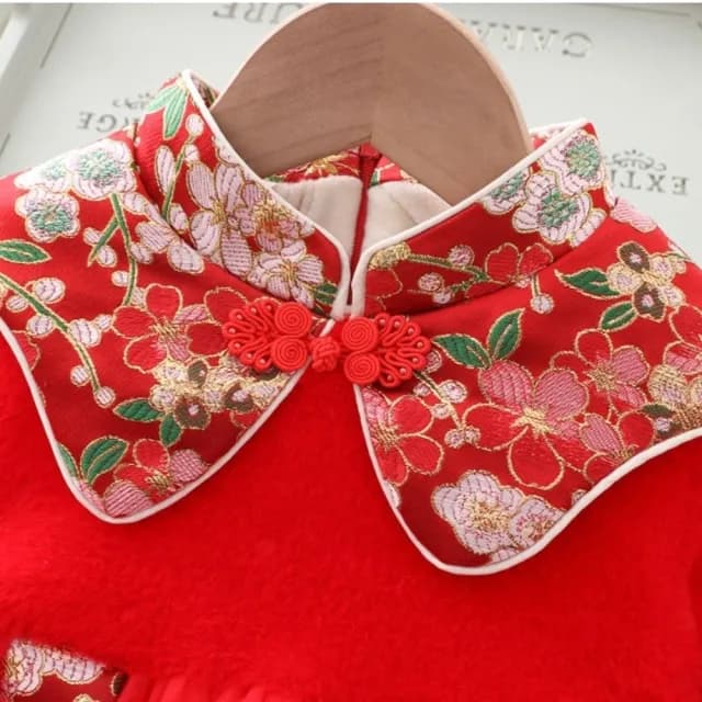 【橘魔法】日式旗袍領拚接毛絨盤扣紗裙洋裝(連衣裙 大紅 新衣 新年 過年 喜宴 童裝 唐裝 女童 拜年服 保暖)