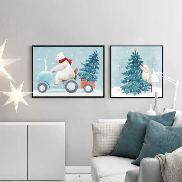 【菠蘿選畫所】載著聖誕樹的北極熊-50x70cm(冬天/臥房掛畫/交換禮物/複製畫/民宿/北歐/空間/聖誕節掛畫)