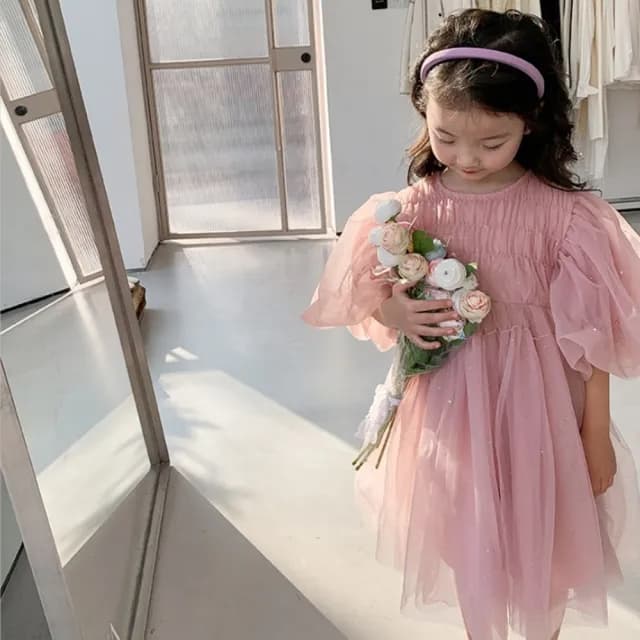 【橘魔法】仙氣抓皺閃亮紗質公主袖洋裝(連衣裙 連身裙 短袖洋裝 大童 女童 童裝 兒童 禮服)