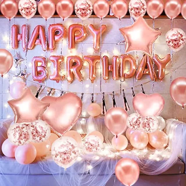時尚亮麗玫瑰金系生日快樂套組1組(送打氣筒 生日氣球 派對佈置 慶生)