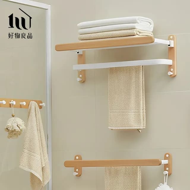 【好物良品】浴室防水防鏽原木收納雙層毛巾掛架(浴室掛架 保養品收納架 置物層架支架 置物架 浴室掛架)