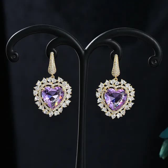 【VERDNIA】彩色鋯石925純銀針愛心造型耳環(歐美時尚潮流女飾品 淡金色耳飾耳針耳墜耳釘)