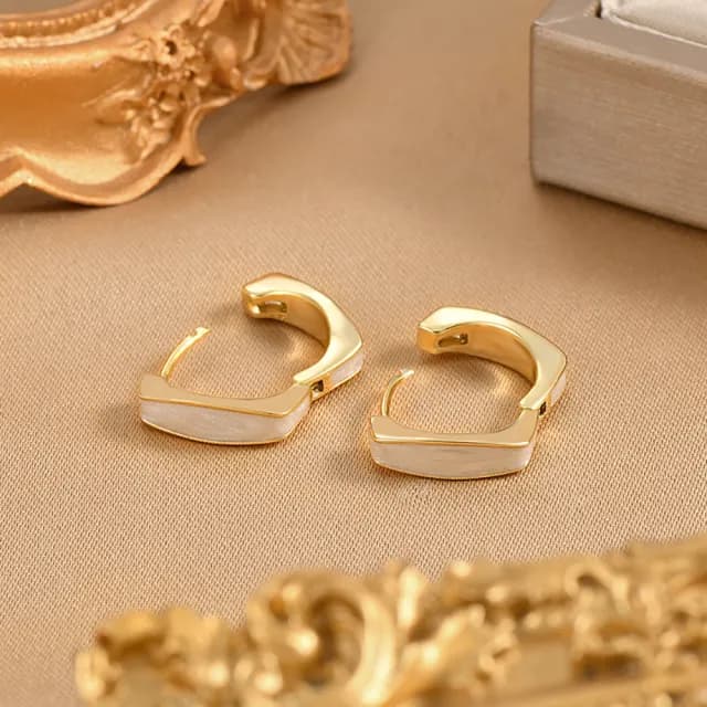 【Umi】925純銀針淡金色復古輕奢象牙米白色方形環繞環形耳環65296(日韓時尚潮流耳飾耳針耳墜耳釘)