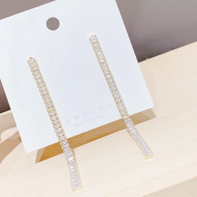 【Umi】925純銀針淡金色微鑲鋯石復古輕奢一字形吊墜垂墜垂鏈吊飾流蘇耳環(日韓時尚潮流耳飾耳針耳墜耳釘)