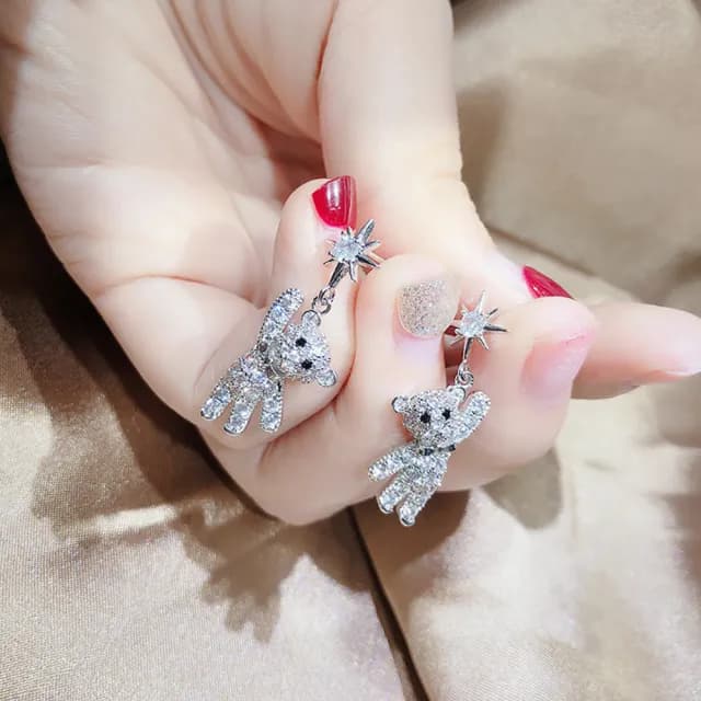 【Umi】925純銀針淡金色微鑲鋯石小熊與單鋯石八芒星星耳環(日韓時尚潮流耳飾耳針耳墜耳釘)