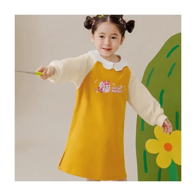 【OB 嚴選】POLI波力安寶印花拉克蘭袖側開衩女童洋裝 《IP0019》