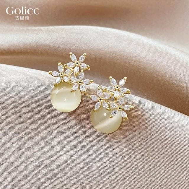 【Golicc】耳環 花朵 貓眼(618 七夕 情人節 生日 飾品 耳飾 耳墜 禮物)