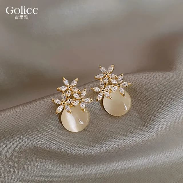 【Gulicc】耳環 花朵 貓眼(雙11 聖誕節 生日 飾品 耳飾 耳墜 禮物)