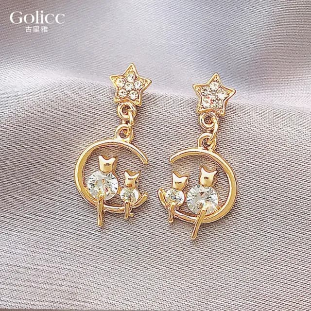 【Golicc】耳環 鑲鑽 貓咪(七夕 情人節 生日 飾品 耳飾 耳墜 禮物)