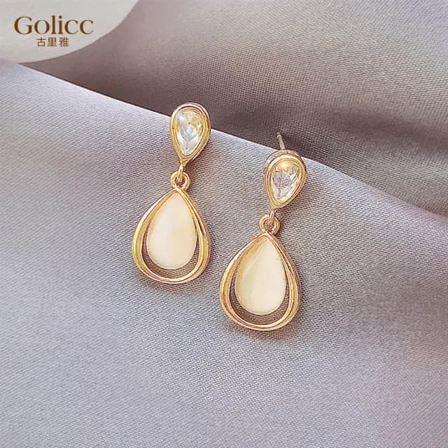 【Golicc】水滴 貓眼石 耳環(七夕 情人節 生日 飾品 耳釘 耳飾 耳墜 禮物)