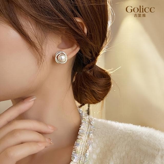 【Golicc】耳環 鑲鑽 雙圈 珍珠(母親節 生日 情人節 飾品 耳飾 耳墜 禮物)