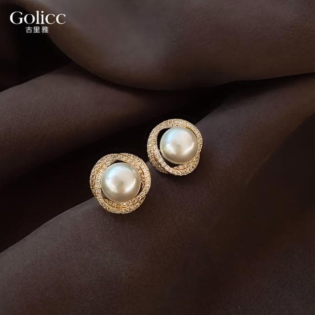 【Golicc】耳環 鑲鑽 雙圈 珍珠(母親節 生日 情人節 飾品 耳飾 耳墜 禮物)