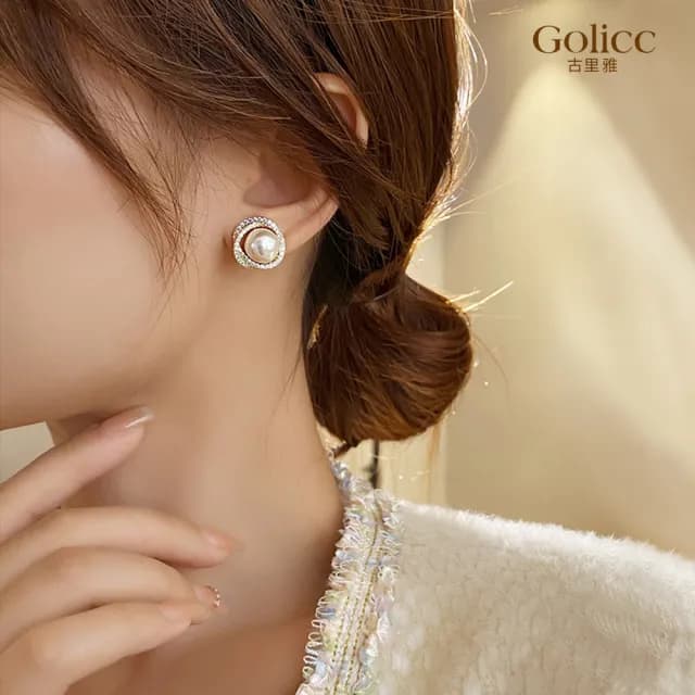 【Golicc】耳環 鑲鑽 雙圈 珍珠(99購物限定 生日 飾品 耳飾 耳墜 禮物)