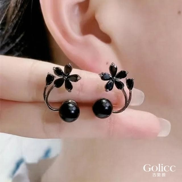 【Golicc】耳環 黑色 花朵 珍珠(母親節 生日 情人節 飾品 耳釘 耳飾 耳墜 禮物)