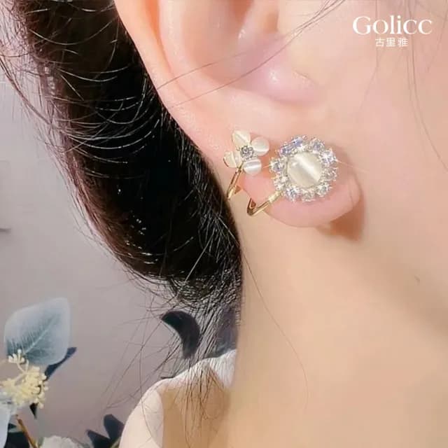 【Golicc】耳環 貓眼 鋯石 花朵(七夕 情人節 生日 飾品 耳釘 耳飾 耳墜 禮物)