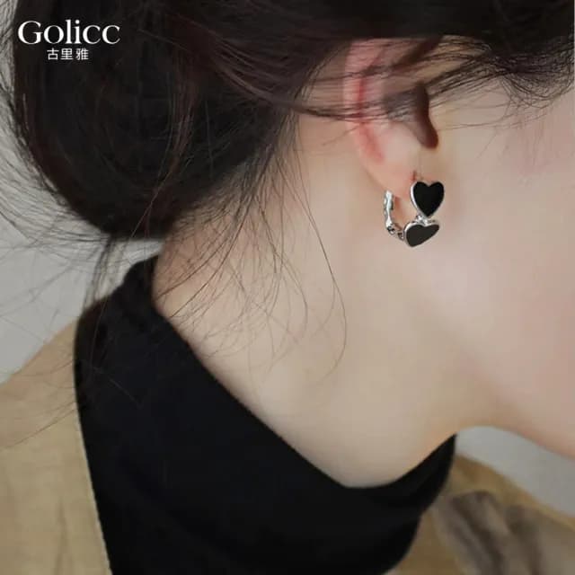 【Golicc】耳環 黑 愛心(99購物限定 生日 飾品 耳釘 耳飾 耳墜 禮物)