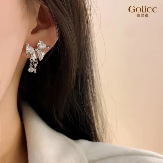 【Golicc】耳環 鋯石 蝴蝶結(99購物限定 生日 飾品 耳釘 耳飾 耳墜 禮物)