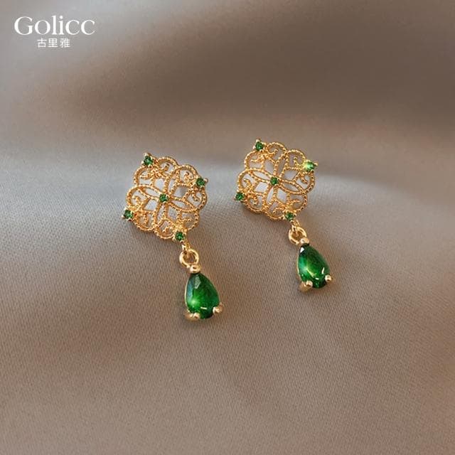 【Golicc】耳環 祖母綠 水滴(母親節 生日 情人節 飾品 耳釘 耳飾 耳墜 禮物)