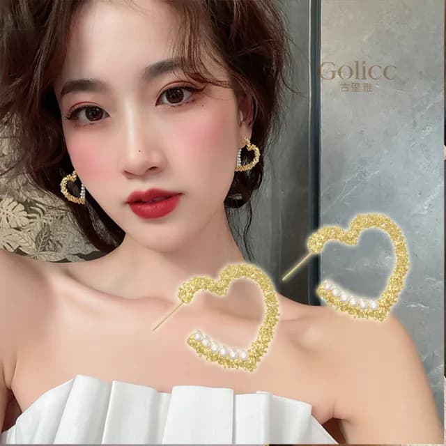 【Golicc】桃心 珍珠 耳環(七夕 情人節 生日 飾品 耳釘 耳飾 耳墜 禮物)