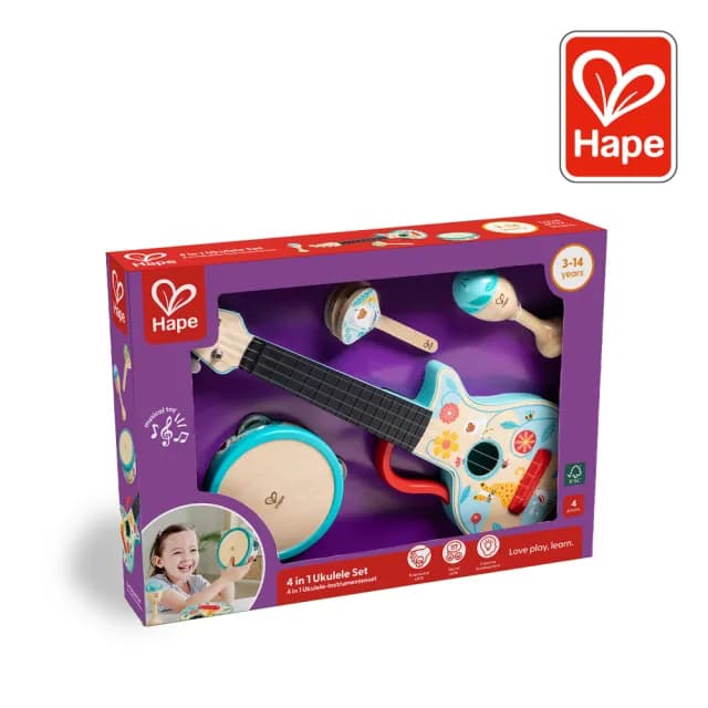 【德國Hape】4合1打擊樂器組(木製玩具/木頭玩具/彌月禮/生日禮)