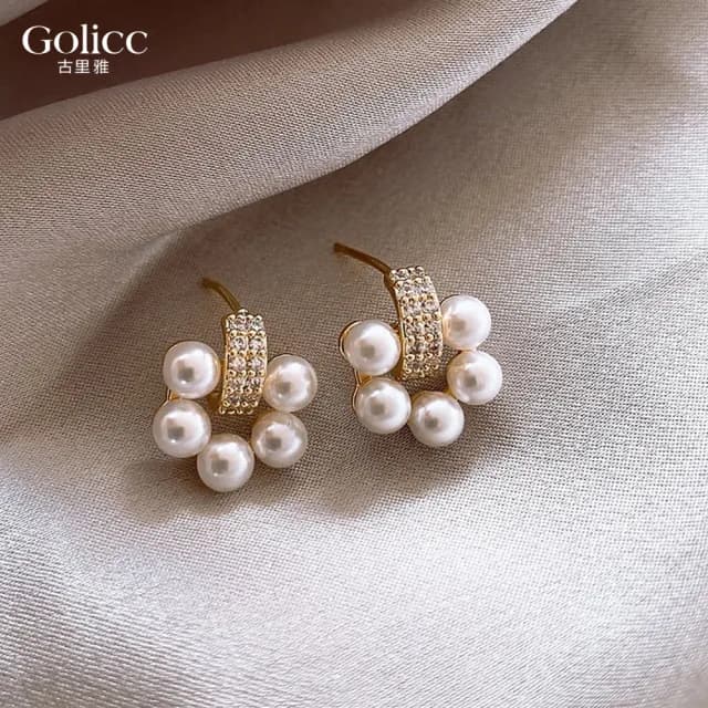 【Golicc】耳環 珍珠圈 鋯石(七夕 情人節 生日 耳飾 飾品 禮物)